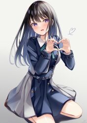 Rule 34 | 1girl, black hair, blue dress, blush, bow, breasts, brown footwear, commentary request, dress, gradient background, green bow, grey background, grey dress, hands up, heart, heart hands, highres, inoue takina, long hair, long sleeves, looking at viewer, lycoris recoil, medium breasts, open mouth, purple eyes, sakura hiyori, shoes, solo, two-tone dress, very long hair