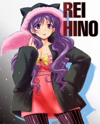 Rule 34 | 1990s (style), 1girl, bad id, bad pixiv id, bishoujo senshi sailor moon, breasts, character name, cleavage, hand on own hip, hino rei, hood, jacket, large breasts, long hair, ookami tomoyuki, pantyhose, purple eyes, purple hair, red skirt, retro artstyle, skirt, smile, solo, striped clothes, striped pantyhose, vertical-striped clothes, vertical-striped pantyhose
