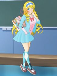 Rule 34 | 1girl, alternate costume, arm behind back, bag, blonde hair, blowing kiss, blue eyes, blush, bow, breasts, cecilia alcott, classroom, drill hair, feet, hair bow, heart, highres, infinite stratos, large breasts, legs, long hair, looking at viewer, one eye closed, puckered lips, school uniform, shoes, skirt, smile, solo, thighs