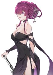Rule 34 | 1girl, absurdres, adomiwan, bare shoulders, black choker, black dress, breasts, check commentary, choker, cleavage, commentary request, cowboy shot, dress, groin, highres, honkai: star rail, honkai (series), kafka (honkai: star rail), katana, long hair, long sleeves, looking at viewer, medium breasts, off-shoulder dress, off shoulder, purple eyes, purple hair, red lips, side slit, simple background, smile, solo, standing, sword, thighs, weapon, white background