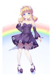 Rule 34 | 1girl, :o, absurdres, bad id, bad pixiv id, bare shoulders, black detached sleeves, black dress, blonde hair, blue eyes, blunt bangs, blush, breasts, bubble, cleavage, closed umbrella, collarbone, detached sleeves, dress, female focus, full body, hand up, high heels, highres, low twintails, lyrae, maid headdress, neck, open mouth, original, pleated dress, rainbow, short dress, short hair, small breasts, solo, standing, strapless, strapless dress, thighhighs, twintails, umbrella, white thighhighs