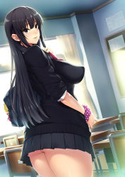 Rule 34 | 1girl, ass peek, bag, black hair, black skirt, blue eyes, blush, breasts, chair, classroom, commentary request, curtains, day, desk, dutch angle, from behind, highres, impossible cardigan, indoors, large breasts, legs together, long hair, looking at viewer, looking back, medium breasts, microskirt, miniskirt, mochi kuu usagi, original, parted lips, pleated skirt, polka dot, polka dot scrunchie, school bag, school chair, school desk, school uniform, scrunchie, skirt, solo, standing, window, wrist scrunchie
