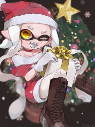 Rule 34 | 1girl, ;d, black footwear, blurry, blurry background, boots, choker, christmas, christmas ornaments, christmas tree, commentary, cross-laced footwear, depth of field, dress, fangs, gift, gloves, grey tongue, hat, holding, holding gift, inkling, inkling girl, inkling player character, lace-up boots, long hair, looking at viewer, nintendo, off-shoulder dress, off shoulder, one eye closed, open mouth, pantyhose, pointy ears, red choker, red dress, red hat, santa dress, santa hat, short dress, silver hair, sitting, smile, snowflakes, solo, splatoon (series), star ornament, symbol-only commentary, tama5sp, tentacle hair, very long hair, white gloves, white pantyhose, yellow eyes