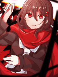 Rule 34 | 1girl, black sailor collar, black serafuku, blurry, brown hair, commentary request, depth of field, enpera, hair between eyes, hair ornament, hairclip, hand up, highres, kagerou project, light blush, long hair, long sleeves, looking at viewer, multicolored background, neckerchief, parted bangs, red eyes, s eka3, sailor collar, scarf, school uniform, serafuku, solo, straight-on, sweat, tateyama ayano, upper body, white neckerchief