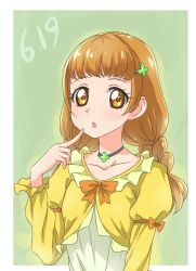 Rule 34 | 1girl, :o, bow, braid, brown eyes, brown hair, chocokin, choker, clover hair ornament, dated, finger to mouth, green background, hair ornament, index finger raised, long hair, long sleeves, orange bow, precure, solo, twin braids, twintails, upper body, yotsuba alice