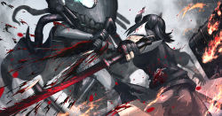Rule 34 | 10s, 2girls, abyssal ship, battle, black hair, blood, blood splatter, bloody weapon, broken, cape, cuts, damaged, deep wound, fingerless gloves, fire, gloves, glowing, glowing eyes, headgear, hetza (hellshock), injury, kantai collection, mecha musume, multiple girls, pale skin, personification, school uniform, severed torso, short hair, skirt, sparks, staff, sweater, sword, tendril, tenryuu (kancolle), thighhighs, torn clothes, turret, weapon, wo-class aircraft carrier