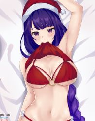 Rule 34 | 1girl, amai-pai, arm up, armpits, artist name, bed sheet, bikini, blunt bangs, blush, braid, breasts, christmas, cleavage, clothes lift, collarbone, from above, genshin impact, hat, highres, large breasts, lifting own clothes, long hair, looking at viewer, looking up, lying, mole, mole under eye, mouth hold, navel, o-ring, o-ring bikini, on back, on bed, purple eyes, purple hair, raiden shogun, red bikini, red hat, santa hat, single braid, skindentation, solo, stomach, swimsuit, underboob, very long hair
