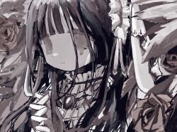 Rule 34 | 1girl, 9ji0ki, blunt bangs, closed mouth, frills, hands up, high collar, highres, monochrome, original, own hands together, single tear, smile, solo