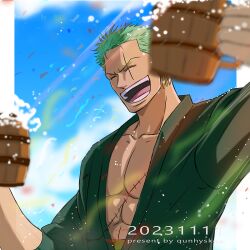 Rule 34 | 1boy, :d, alcohol, beer, birthday, dated, day, green hair, japanese clothes, kimono, male focus, one piece, open mouth, pectoral cleavage, pectorals, qunhyskoa, roronoa zoro, scar, scar across eye, short hair, smile, solo, toasting (gesture), upper body