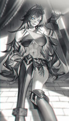 Rule 34 | 1girl, abs, absurdres, arm armor, blurry, blurry background, blurry foreground, boots, breasts, criss-cross halter, crossed bangs, dehya (genshin impact), depth of field, genshin impact, greatsword, greyscale, grin, halterneck, highres, large breasts, long hair, looking at viewer, midriff, monochrome, muscular, muscular female, navel, rhine (overtonerhine), sitting, smile, solo, spot color, stomach, sword, teeth, thigh boots, very long hair, weapon
