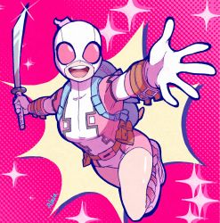 Rule 34 | 1girl, :d, backpack, bag, belt, breasts, commentary, english commentary, full body, gwenpool, gwenpool, highres, holding, holding sword, holding weapon, katana, leotard, looking at viewer, marvel, mask, medium breasts, open mouth, pink leotard, pouch, smile, solo, superhero costume, sushi pizza rrr, sword, teeth, upper teeth only, weapon