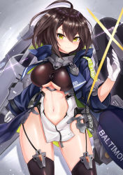 Rule 34 | 1girl, ahoge, azur lane, baltimore (azur lane), black thighhighs, blue coat, braid, breasts, brown hair, center opening, character name, clothes writing, coat, cowboy shot, gloves, hand up, highres, large breasts, looking at viewer, machinery, navel, open clothes, open coat, revealing clothes, ryara, shadow, short hair, smile, solo, standing, stomach, thighhighs, thighs, turret, v-shaped eyebrows, white gloves, yellow eyes