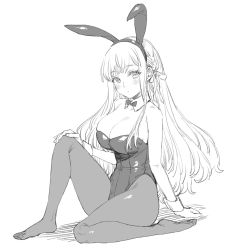 Rule 34 | 1girl, animal ears, arm at side, assault lily, bare shoulders, blush, bow, bowtie, braid, breasts, cleavage, closed mouth, commentary, covered navel, detached collar, fake animal ears, full body, greyscale, hair ribbon, hairband, hand on own knee, hand up, highres, knee up, kon kanaho, large breasts, leotard, long hair, looking at viewer, monochrome, no shoes, pantyhose, playboy bunny, rabbit ears, ribbon, side braid, simple background, sitting, solo, strapless, strapless leotard, tori udon, very long hair, white background, wrist cuffs