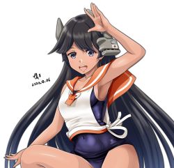 Rule 34 | 1girl, armpits, blouse, blue one-piece swimsuit, cowboy shot, dated, headgear, i-400 (kancolle), kantai collection, looking at viewer, one-piece swimsuit, one-piece tan, open mouth, orange sailor collar, sailor collar, sailor shirt, salute, school swimsuit, shirt, side-tie shirt, signature, simple background, sleeveless, sleeveless shirt, smile, solo, swimsuit, swimsuit under clothes, tan, tanline, teeth, tk8d32, upper teeth only, white background, white shirt