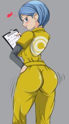 Rule 34 | 1girl, absurdres, artist request, ass, blue eyes, blue hair, bodysuit, breasts, bulma, come hither, dragon ball, dragon ball super, dragon ball super super hero, dragonball z, from behind, highres, huge ass, looking at viewer, looking back, medium breasts, motion lines, naughty face, shiny clothes, shiny skin, short hair, sideboob, skin tight, smile, solo