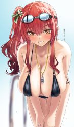 Rule 34 | 1girl, azur lane, bare shoulders, bikini, black bikini, blush, breasts, cleavage, collarbone, gachou, goggles, goggles on head, grin, highres, large breasts, leaning forward, long hair, looking at viewer, o-ring, o-ring bikini, official alternate costume, orange eyes, red hair, side ponytail, sidelocks, smile, solo, swimsuit, thighs, translation request, wet, whistle, whistle around neck, zara (azur lane), zara (poolside coincidence) (azur lane)