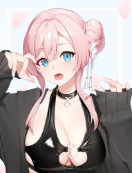 Rule 34 | 1girl, absurdres, alternate costume, bikini, black bikini, black choker, black sweater, blue archive, blue eyes, braid, braided bun, breasts, cherry blossoms, chinese commentary, choker, claw pose, cleavage, collarbone, commentary request, double-parted bangs, fang, fingernails, flower knot, hair between eyes, hair bun, hair ornament, hair ribbon, heart o-ring, highres, large breasts, liwen520, long sleeves, looking at viewer, lower teeth only, mimori (blue archive), nail polish, o-ring, o-ring bikini, o-ring top, open mouth, pink hair, ribbon, single side bun, skin fang, sleeves past wrists, solo, sweater, swimsuit, tassel, tassel hair ornament, teeth, upper body, white background, white nails
