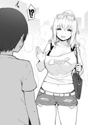 Rule 34 | !?, 1boy, 1girl, age difference, bag, black hair, bra strap, breasts, child, cleavage, collarbone, comic, cowboy shot, crowd, english text, eyewear on head, from behind, greyscale, hand up, handbag, high ponytail, large breasts, long hair, midriff, monochrome, navel, off-shoulder shirt, off shoulder, onee-shota, open mouth, original, outdoors, print shirt, shirt, short hair, short shorts, short sleeves, shorts, shoulder bag, sky-freedom, smile, speech bubble, sweatdrop, teenage girl and younger boy, white hair, white shirt, yui (sky-freedom)