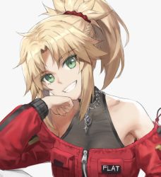 Rule 34 | 1girl, blonde hair, blush, braid, breasts, fate/apocrypha, fate (series), french braid, green eyes, hair ornament, hair scrunchie, long hair, long sleeves, looking at viewer, mordred (fate), mordred (fate/apocrypha), parted bangs, ponytail, scrunchie, sidelocks, small breasts, smile, solo, tonee