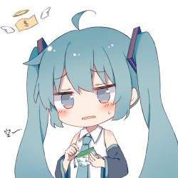 Rule 34 | 1girl, ahoge, aqua hair, aqua necktie, banknote, blue eyes, blush, chibi, collared shirt, detached sleeves, dollar bill, halo, hatsune miku, long hair, long sleeves, mimengfeixue, money, necktie, pouch, shirt, simple background, solo, spring onion, sweatdrop, translation request, twintails, upper body, vocaloid, wavy mouth, white background, white shirt, wings