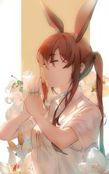 Rule 34 | 1girl, amiya (arknights), animal ear fluff, animal ears, arknights, breasts, brown hair, choker, closed eyes, closed mouth, extra ears, flower, highres, jewelry, lips, long hair, lushi jin up, multiple rings, palms together, ponytail, rabbit ears, ring, shirt, short sleeves, sidelocks, small breasts, solo, upper body, white shirt