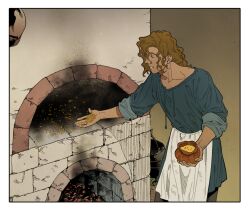 Rule 34 | 1boy, 5altybitter5, apron, blue robe, brick oven, brown hair, cooking pot, embers, holding, long hair, male focus, original, oven, robe, smile, solo, waist apron, white apron