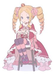 1girl beatrice_(re:zero) blonde_hair blue_eyes butterfly-shaped_pupils capelet commentary crown cup dress drill_hair expressionless forehead frilled_dress frills full_body highres holding holding_cup holding_saucer legs_together long_hair long_sleeves looking_at_viewer lvemhrd mini_crown pantyhose parted_lips re:zero_kara_hajimeru_isekai_seikatsu red_capelet red_shoes saucer shoes simple_background sitting solo stool striped_clothes striped_pantyhose symbol-shaped_pupils teacup twin_drills two-tone_pantyhose white_background wide_sleeves