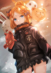 Rule 34 | 1girl, abigail williams (fate), abigail williams (traveling outfit) (fate), bad id, bad pixiv id, balloon, belt, belt buckle, black bow, black jacket, black skirt, blonde hair, blue eyes, bow, buckle, crossed bandaids, fate/grand order, fate (series), hair bow, hair bun, hair ornament, heroic spirit traveling outfit, highres, jacket, jan (lightdragoon), long hair, long sleeves, looking at viewer, medjed (fate), hugging object, octopus, octopus print, official alternate costume, orange bow, orange hair, outdoors, parted bangs, parted lips, pleated skirt, polka dot, polka dot bow, single hair bun, skirt, sky, sleeves past fingers, sleeves past wrists, smile, solo, star (symbol), star print, stuffed animal, stuffed toy, teddy bear