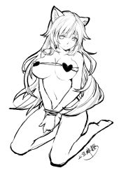 Rule 34 | 1girl, absurdres, barefoot, bdsm, blush, bondage, bottomless, bound, bound wrists, breasts, cleavage, commentary request, greyscale, heart bra, highres, jokanhiyou, kemonomimi mode, large breasts, lineart, long hair, looking at viewer, monochrome, navel, original, sad, seiza, sitting, sketch, solo, underboob