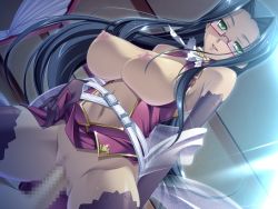 Rule 34 | bare shoulders, black hair, breasts, breasts out, censored, cowgirl position, dark skin, elbow gloves, from below, girl on top, glasses, gloves, green eyes, koihime musou, large breasts, long hair, looking at viewer, penis, sex, shuuyu, straddling, thighhighs, vaginal