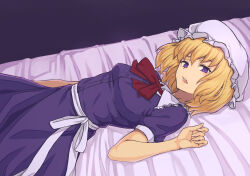 Rule 34 | 1girl, bad neck, black background, blonde hair, bow, bowtie, breasts, commentary, dress, hat, highres, kakone, looking at viewer, lying, maribel hearn, medium breasts, mob cap, on back, on bed, open mouth, purple dress, purple eyes, red bow, red bowtie, short hair, short sleeves, solo, touhou, white hat