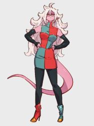Rule 34 | 1girl, android 21, asymmetrical footwear, blue footwear, boots, breasts, checkered clothes, checkered dress, colored skin, dragon ball, dragon ball fighterz, dress, full body, glasses, grey background, hands on own hips, kemachiku, long hair, looking at viewer, majin android 21, medium breasts, mismatched footwear, pantyhose, pink skin, pointy ears, red eyes, red footwear, simple background, solo, standing, tail, white hair