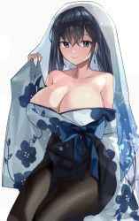 Rule 34 | 1girl, bare shoulders, black hair, black pantyhose, blue eyes, breasts, cleavage, dress, earrings, floral print, headdress, highres, huge breasts, japanese clothes, jewelry, kamchrome, large breasts, legs together, long hair, looking at viewer, original, pantyhose, sitting, smile, solo, veil