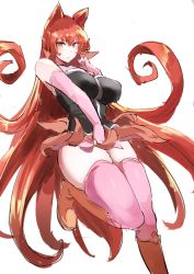Rule 34 | 1girl, animal ears, azazel ameri, blush, boots, breasts, cat ears, curly hair, curvy, eyebrows hidden by hair, hair between eyes, highres, large breasts, long hair, looking at viewer, mairimashita! iruma-kun, manno (kanpi2100), orange eyes, pink thighhighs, pointy ears, red hair, simple background, skirt, solo, thick thighs, thigh boots, thighhighs, thighs, very long hair, white background
