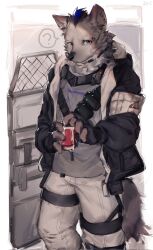 Rule 34 | 1boy, ?, arknights, black gloves, black jacket, bottle, closed mouth, furry, furry male, gloves, grey pants, grey shirt, highres, hyena boy, jacket, looking at viewer, male focus, multicolored hair, opening can, p7ywirzyw8lesuc, pants, riot shield, shield, shirt, speech bubble, spoken question mark, spot (arknights), standing, streaked hair