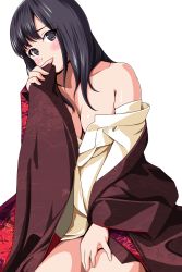 Rule 34 | 1girl, bare shoulders, black hair, blush, breasts, cleavage, collarbone, covering crotch, covering own mouth, covering privates, cowboy shot, eyebrows, floral print, grey eyes, head tilt, highres, japanese clothes, kimono, long hair, long sleeves, matsunaga kouyou, open clothes, open kimono, original, shiny skin, simple background, solo, standing, tareme, thighs, white background