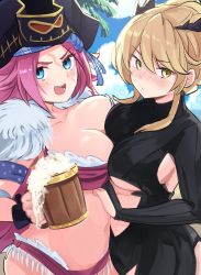 Rule 34 | 2girls, alcohol, artoria pendragon (fate), artoria pendragon (lancer alter) (fate), beach, beer, black bodysuit, black horns, blonde hair, blue eyes, blue sky, blush, bodysuit, grabbing another&#039;s breast, breasts, day, fate/extra, fate/grand order, fate (series), francis drake (fate), francis drake (pirates party!) (fate), grabbing, hat, highres, horns, large breasts, lewdisushi, multiple girls, palm tree, pink hair, pirate, pirate hat, platinum blonde hair, ribbed bodysuit, scar, scar on face, sidelocks, sky, tree, underboob, yellow eyes