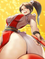 Rule 34 | 1girl, bare legs, blush, breasts, brown hair, cleavage, curvy, fatal fury, hand on own hip, large breasts, leotard, leotard under clothes, lips, long hair, looking at viewer, ponytail, reaching, reaching towards viewer, revealing clothes, shiny skin, shiranui mai, simple background, smile, solo, wide hips, yellow background, yotastar