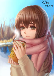 Rule 34 | 1girl, absurdres, blush, brown coat, brown eyes, brown hair, can, coat, highres, holding, holding can, looking at viewer, original, pink scarf, scarf, shon, short hair, smile, snow, solo, steam, winter clothes, winter coat