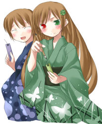 Rule 34 | 00s, 2girls, ^ ^, alternate costume, animal print, blush, butterfly print, calligraphy brush, closed eyes, expressionless, flower, green eyes, hair flower, hair ornament, hat, head scarf, heterochromia, holding, japanese clothes, kimono, long sleeves, multiple girls, open mouth, paintbrush, red eyes, rozen maiden, siblings, simple background, sisters, souseiseki, straightchromia, suiseiseki, top hat, twins, white background
