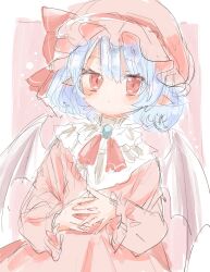 1girl ascot bat_wings blue_hair bow closed_mouth dot_nose dress frilled_dress frilled_sleeves frills hair_between_eyes hat hat_bow hat_ribbon highres looking_at_viewer maru_usagi mob_cap pink_background pink_dress pink_hat pointy_ears red_eyes remilia_scarlet ribbon short_hair sketch solo touhou two-tone_background white_background wings