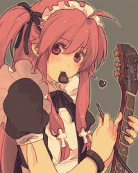 Rule 34 | 10s, 1girl, ahoge, alternate costume, angel beats!, bad id, bad pixiv id, cross, enmaided, female focus, guitar, instrument, long hair, maid, mouth hold, pink eyes, pink hair, plectrum, solo, twintails, two side up, yaruse, yui (angel beats!)