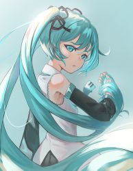 Rule 34 | 1girl, black ribbon, black sleeves, blue eyes, blue hair, blue nails, blue necktie, closed mouth, detached sleeves, floating hair, from side, grey background, hair ribbon, hatsune miku, highres, holding, holding hair, long hair, long sleeves, looking at viewer, nail polish, necktie, ribbon, shirt, sleeveless, sleeveless shirt, solo, standing, striped ribbon, twintails, uito yzwa, very long hair, vocaloid, white shirt