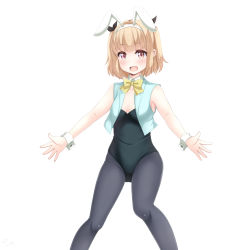 Rule 34 | 1girl, :d, absurdres, animal ears, black bow, black leotard, black pantyhose, blonde hair, blue jacket, blunt bangs, blush, bow, breasts, brown eyes, cleavage, detached collar, fake animal ears, hair bow, hairband, highres, iijima yun, jacket, leotard, looking at viewer, new game!, open clothes, open jacket, open mouth, outstretched arms, pantyhose, playboy bunny, rabbit ears, sainohikari, short hair, simple background, sleeveless, sleeveless jacket, small breasts, smile, solo, standing, striped clothes, striped leotard, white background, white hairband, wing collar, wrist cuffs, yellow neckwear