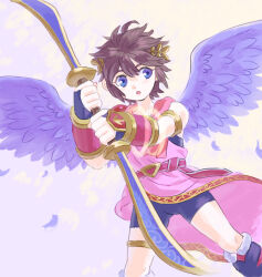 Rule 34 | 1boy, alternate color, angel, angel wings, armband, armlet, blue eyes, bow (weapon), brown hair, dutch angle, feathers, holding, holding bow (weapon), holding weapon, kid icarus, laurel crown, looking to the side, male focus, nintendo, nopepe, pit (kid icarus), solo, super smash bros., weapon, wings