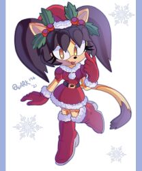 Rule 34 | 1girl, alternate costume, animal ears, black hair, boots, cat ears, christmas, dress, full body, furry, furry female, gloves, hat, highres, honey the cat, pillarboxed, quark196, red dress, red footwear, red gloves, santa dress, santa hat, smile, snowflakes, solo, sonic (series), sonic the fighters, sonic the hedgehog (classic), tongue, tongue out, yellow eyes