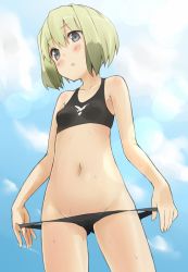 Rule 34 | 1girl, :o, bad id, bad pixiv id, bikini, bikini pull, black bikini, blonde hair, blue sky, blush, breasts, clothes pull, cloud, cloudy sky, cowboy shot, day, dust box, erica hartmann, fingernails, grey eyes, groin, hair between eyes, long fingernails, looking at viewer, multicolored hair, navel, open mouth, outdoors, print bikini, pulling own clothes, short hair, sky, small breasts, solo, sports bikini, standing, strike witches, swimsuit, tan, undressing, world witches series