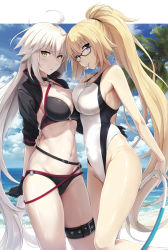 Rule 34 | 2girls, akita hika, bad id, bad pixiv id, bare arms, bare shoulders, beach, bikini, black-framed eyewear, black bikini, black choker, black gloves, blonde hair, blue eyes, blue sky, breasts, choker, cleavage, cloud, cloudy sky, commentary request, competition swimsuit, cropped jacket, day, fate/grand order, fate (series), fingernails, glasses, gloves, highres, holding, hoop, jeanne d&#039;arc alter (swimsuit berserker) (fate), jeanne d&#039;arc (fate), jeanne d&#039;arc (ruler) (fate), jeanne d&#039;arc (swimsuit archer) (fate), jeanne d&#039;arc (swimsuit archer) (second ascension) (fate), jeanne d&#039;arc alter (fate), jeanne d&#039;arc alter (swimsuit berserker) (fate), large breasts, long hair, looking at viewer, multiple girls, navel, o-ring, o-ring bikini, o-ring bottom, o-ring top, one-piece swimsuit, outdoors, ponytail, silver hair, sky, smile, standing, summer, sweatdrop, swimsuit, very long hair, whistle, white one-piece swimsuit, yellow eyes