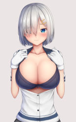 Rule 34 | 1girl, blue eyes, blush, bra, breasts, cleavage, closed mouth, collarbone, gloves, gradient background, grey skirt, hair ornament, hair over one eye, hairclip, hamakaze (kancolle), kantai collection, large breasts, looking at viewer, open clothes, open shirt, pink background, purple bra, sailor collar, school uniform, serafuku, shirt, short hair, short sleeves, silver hair, skirt, solo, tapisuke, underwear, upper body, white gloves