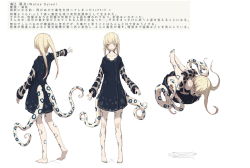 Rule 34 | 1girl, bare legs, barefoot, black dress, blonde hair, character sheet, dress, facial mark, facing away, fetal position, floating, highres, hugging own legs, leg tattoo, long hair, long sleeves, looking at viewer, multiple views, original, outstretched arm, short hair with long locks, simple background, tattoo, tentacles, translation request, watae suien, white background, yukima (yushika)